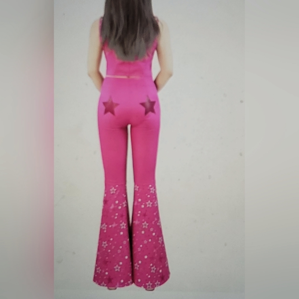 NWT COWGIRL OUTFIT 70S 80S HIPPIE DISCO COSTUME PINK FLARE PANT WOMEN GI…